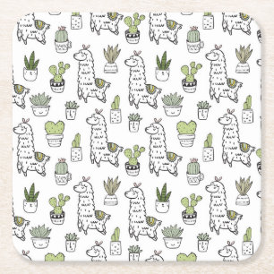 Cute Alpaca & Cactus Pattern Kartonnen Onderzetters