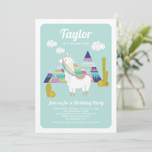 Cute Alpaca Colorful Kids Birthday Uitnodiging (Staand voorkant)