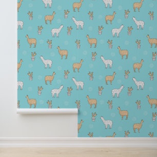 Cute Alpaca Llama Cactus Pattern Behang