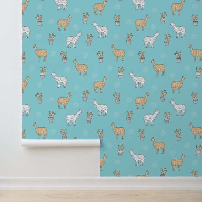Cute Alpaca Llama Cactus Pattern Behang (Applicatie)