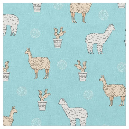 Cute Alpaca Llama Cactus Pattern Stof (Close Up)