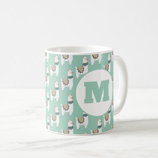 Cute Alpaca Llama Mint Green Monogram Koffiemok (Voorkant rechts)