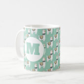 Cute Alpaca Llama Mint Green Monogram Koffiemok (Voorkant links)