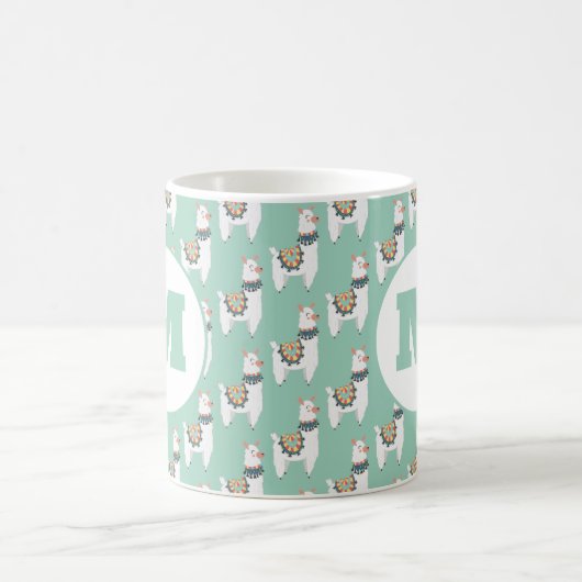 Cute Alpaca Llama Mint Green Monogram Koffiemok (Center)