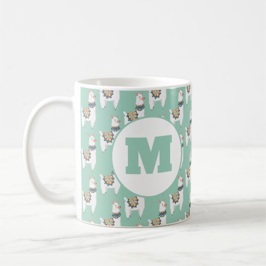 Cute Alpaca Llama Mint Green Monogram Koffiemok (Links)