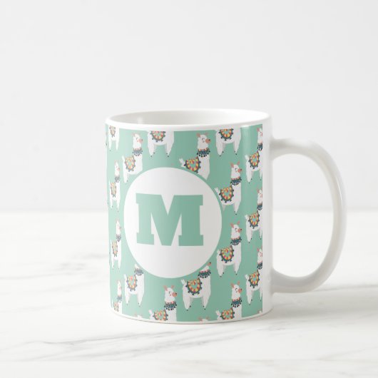 Cute Alpaca Llama Mint Green Monogram Koffiemok (Rechts)