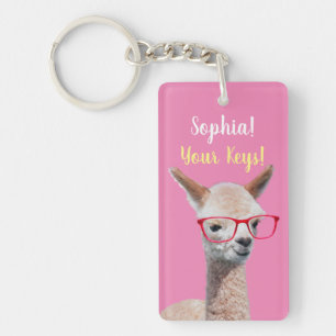 Cute Alpaca Red Glasses DIY, Name Message, Pink Sleutelhanger