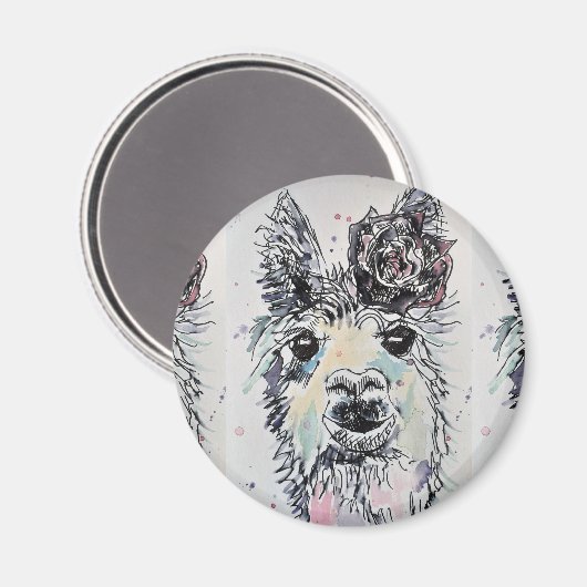 Cute Alpacca llama Animal Waterverf Art Magnet (Voorkant / Achterkant)