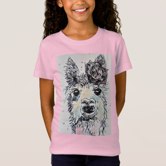 Cute Alpacca Llama waterverf roze Girls T Shirt (Voorkant)