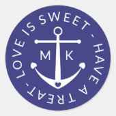 Cute Anchor Love is Sweet Navy Blue Weddenschap Fa Ronde Sticker (Voorkant)