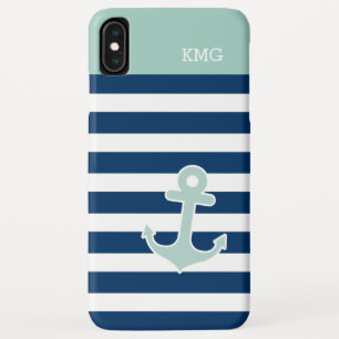 Cute Anchor Monogrammen in Trendy Mint Navy Stripe Case-Mate iPhone Case