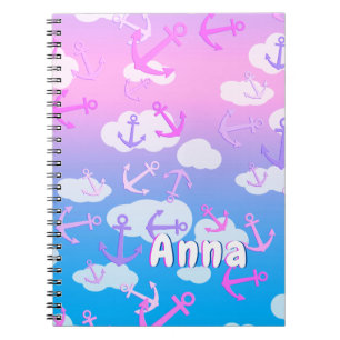 Cute Anchors roze en turquoise, aangepaste naam Notitieboek