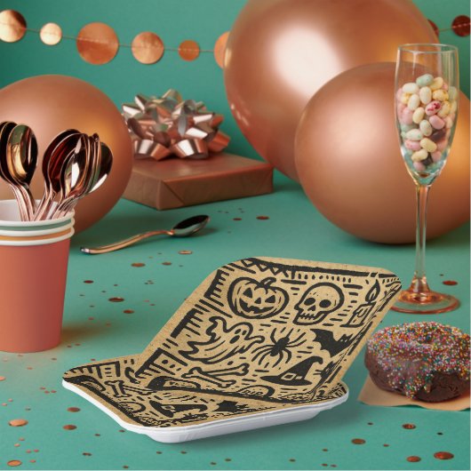 Cute ancient hieroglyph pumpkin and bat Halloween Papieren Bordje (Multi)