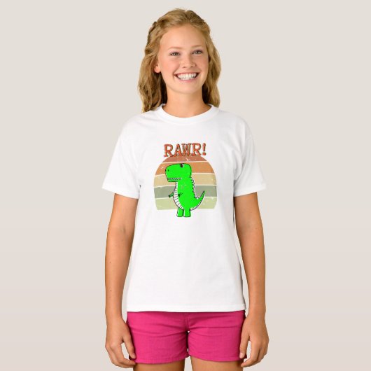 Cute and Angry Cartoon T-Rex Dinosaur Sunset T-shirt (Voorkant volledig)