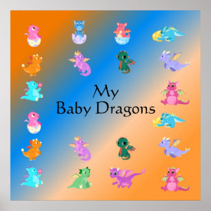Cute and Colorful Baby Dragons Patroon Poster