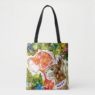 Cute and Colorful Dog and Cat Canvas tas