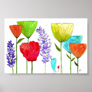 Cute and Colorful Flowers and a Bird Poster 4"x6"