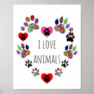 Cute and Colorful I Love Animals Poster 8X10"