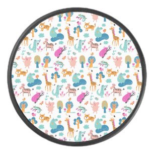Cute and Colorful Jungle Animals Pattern Hockey Puck