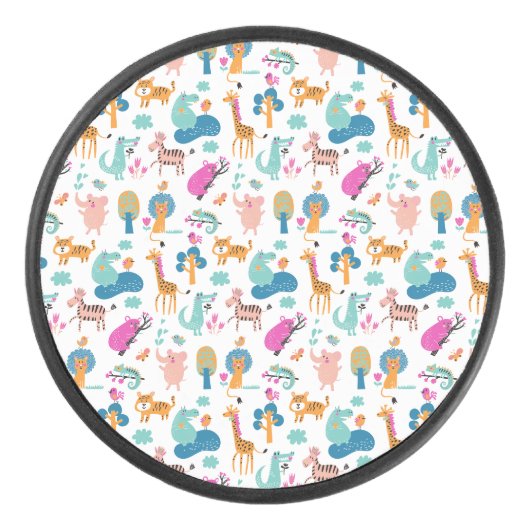 Cute and Colorful Jungle Animals Pattern Hockey Puck (Voorkant)