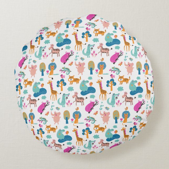 Cute and Colorful Jungle Animals Pattern Rond Kussen (Achterkant)