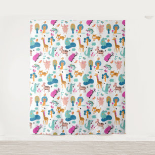 Cute and Colorful Jungle Animals Pattern Wandkleed