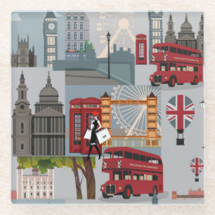 Cute and Colorful London Cartoon Drawing Glazen Onderzetter