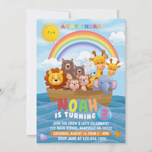 Cute and colorful Noah's Ark Birthday Invitation Kaart (Voorkant)