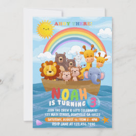 Cute and colorful Noah's Ark Birthday Invitation Kaart