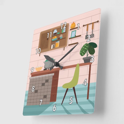 Cute and Colorful Retro Kitchen Vierkante Klok (Hoek)