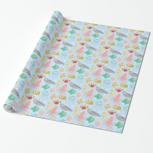 Cute and Colorful Underwater Animals Patroon Cadeaupapier (Uitgerold)