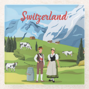 Cute and Colorful Zwitserland Cartoon Drawing Glazen Onderzetter