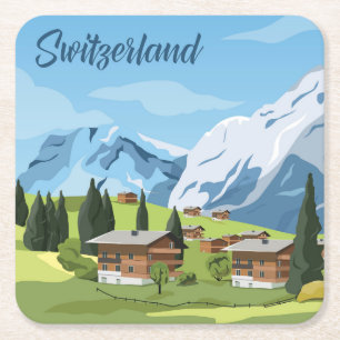 Cute and Colorful Zwitserland Cartoon Drawing Kartonnen Onderzetters