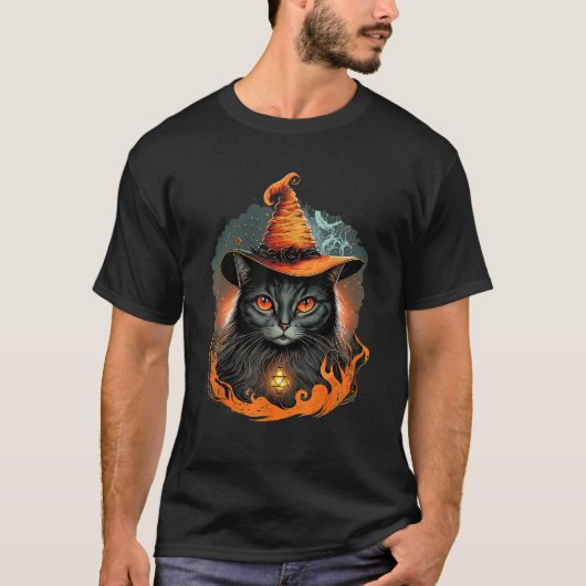 Cute and Creepy Black Cat Wearing a Witch Hat T-shirt (Voorkant)