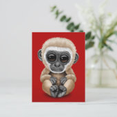 Cute and Curious Baby Gibbon on Red Briefkaart (Staand voorkant)