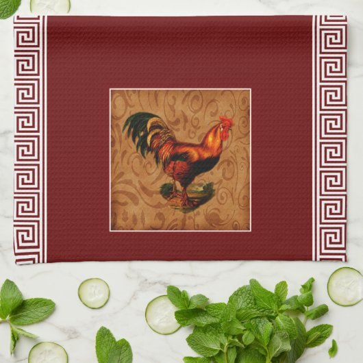Cute and Elegant Country Rooster and Greek key Theedoek (Gevouwen)