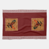 Cute and Elegant Country Rooster and Greek key Theedoek (Horizontaal)