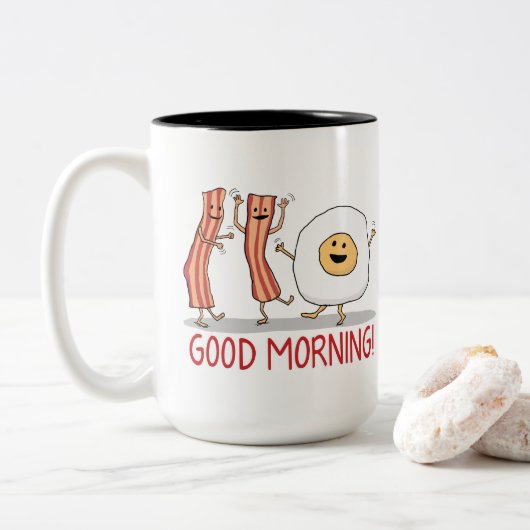 Cute and Funny Bacon and Egg Good Morning Tweekleurige Koffiemok (Met donut)
