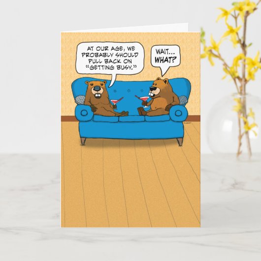 Cute and Funny Beavers stoppen met 'n wedstrijd. Kaart (Gele Bloem)