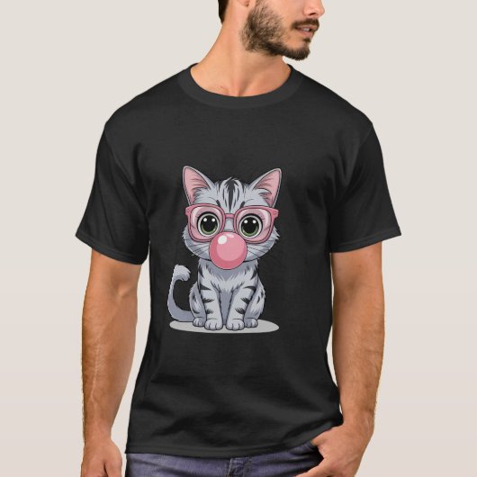 Cute and Funny Cat Pink Sunglasses And Blowing Bub T-shirt (Voorkant)