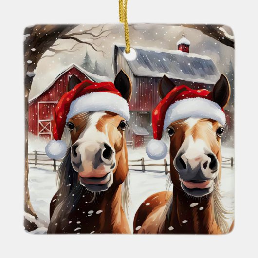 Cute and Funny Christmas Horses Barn Keramisch Ornament (Voorkant)
