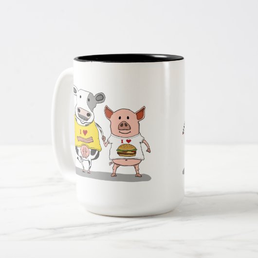 Cute and Funny Cow and Pig Friends Tweekleurige Koffiemok (Voorkant links)