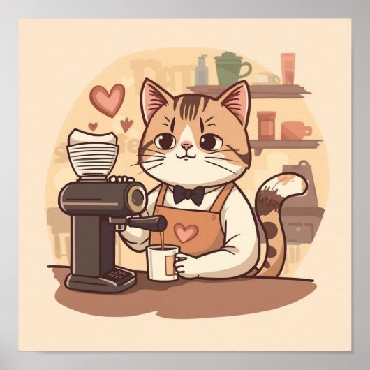 Cute and Funny Cozy Cartoon Barista Cat Poster (Voorkant)