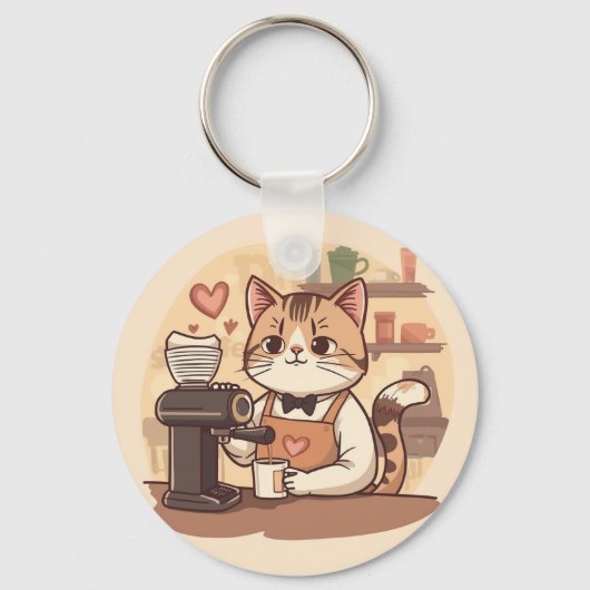 Cute and Funny Cozy Cartoon Barista Cat  Sleutelhanger (Voorkant)