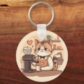 Cute and Funny Cozy Cartoon Barista Cat  Sleutelhanger (Voorkant)