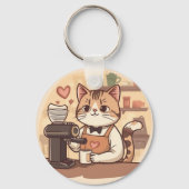 Cute and Funny Cozy Cartoon Barista Cat  Sleutelhanger (Achterkant)