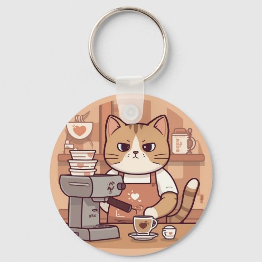 Cute and Funny Cozy Cartoon Barista Cat  Sleutelhanger (Voorkant)
