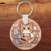 Cute and Funny Cozy Cartoon Barista Cat  Sleutelhanger (Achterkant)