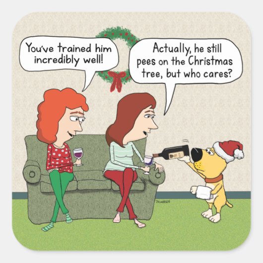 Cute and Funny Dog Serving Wine met Kerstmis Vierkante Sticker (Voorkant)