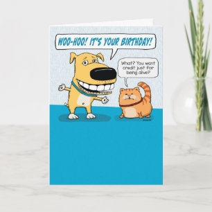 Cute and Funny Excited Dog and Grumpy Cat Birthday Kaart